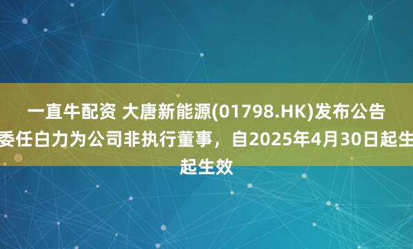 一直牛配资 大唐新能源(01798.HK)发布公告，委任白力为公司非执行董事，自2025年4月30日起生效